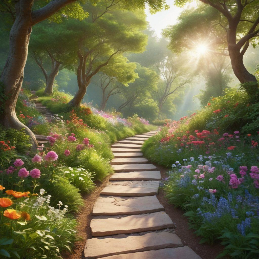A serene landscape depicting a journey to wellness, featuring a winding path surrounded by lush greenery and vibrant flowers. Include a figure meditating at the path's end, with soft sunlight filtering through trees, symbolizing healing and hope. Subtle visual elements representing oncology and lifestyle design like medical symbols intertwined with nature. Soft color palette for a calming effect. super-realistic. vibrant colors. peaceful atmosphere.